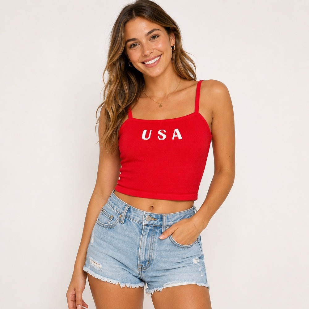 Le Lis USA Knit Crop Tank Top Red Medium Patriotic Americana Y2K NWT July 4th